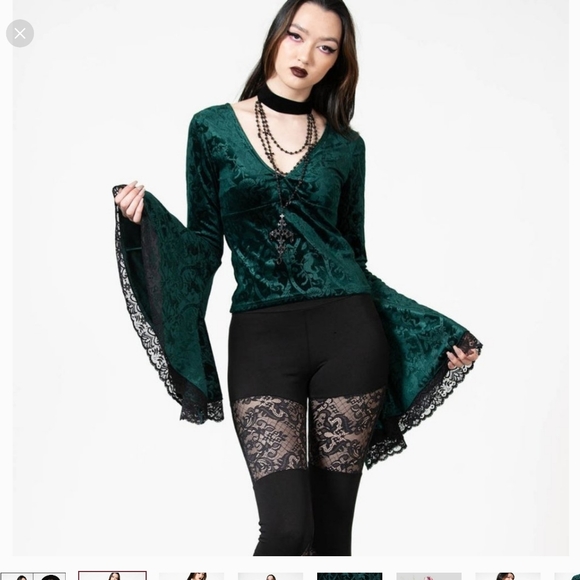 Emerald Aetheling velvet top Unicorn print Ethereal alt goth bell sleeve - Picture 3 of 5